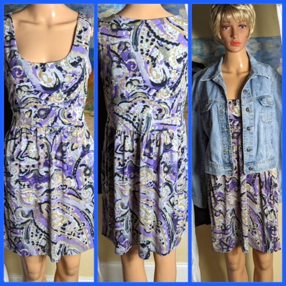 Michael Kors PM pull on multi color swirl print  dress with pockets Purple Blue